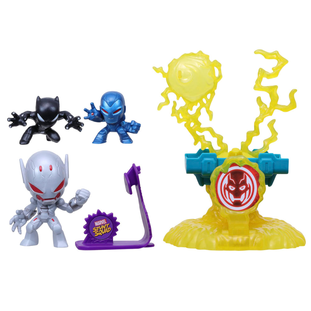 Marvel Stunt Squad figures: Black Panther, Iron Man, and Ultron in dynamic battle pose for imaginative play