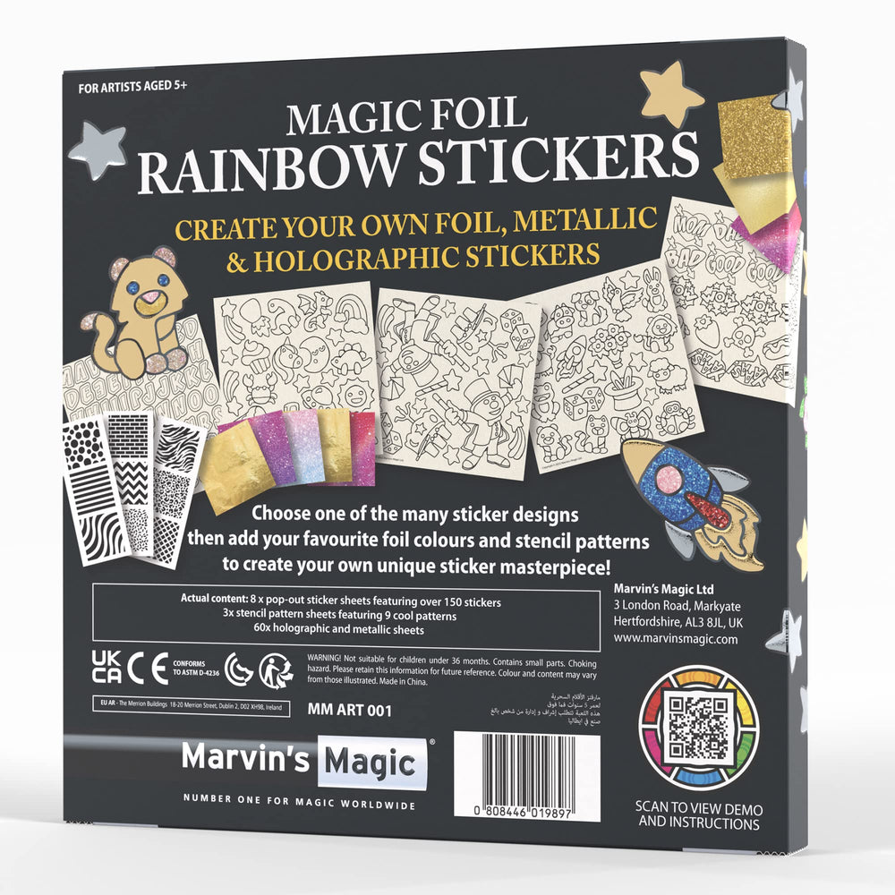 Marvin's Magic Foil Rainbow Stickers pack with eight stencil sheets for patterns