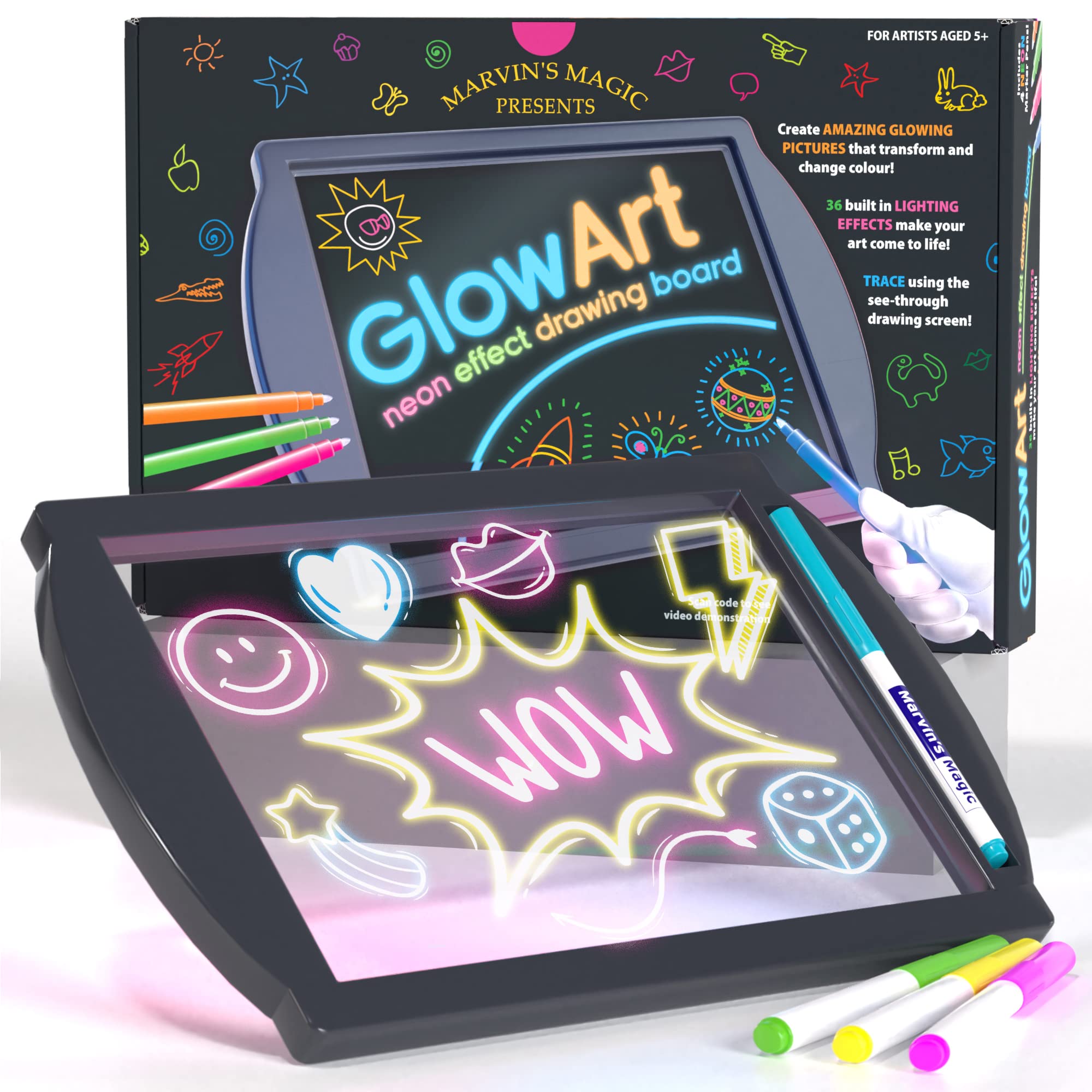 Marvin's Magic Glow Art board glows neon for bedtime doodles.