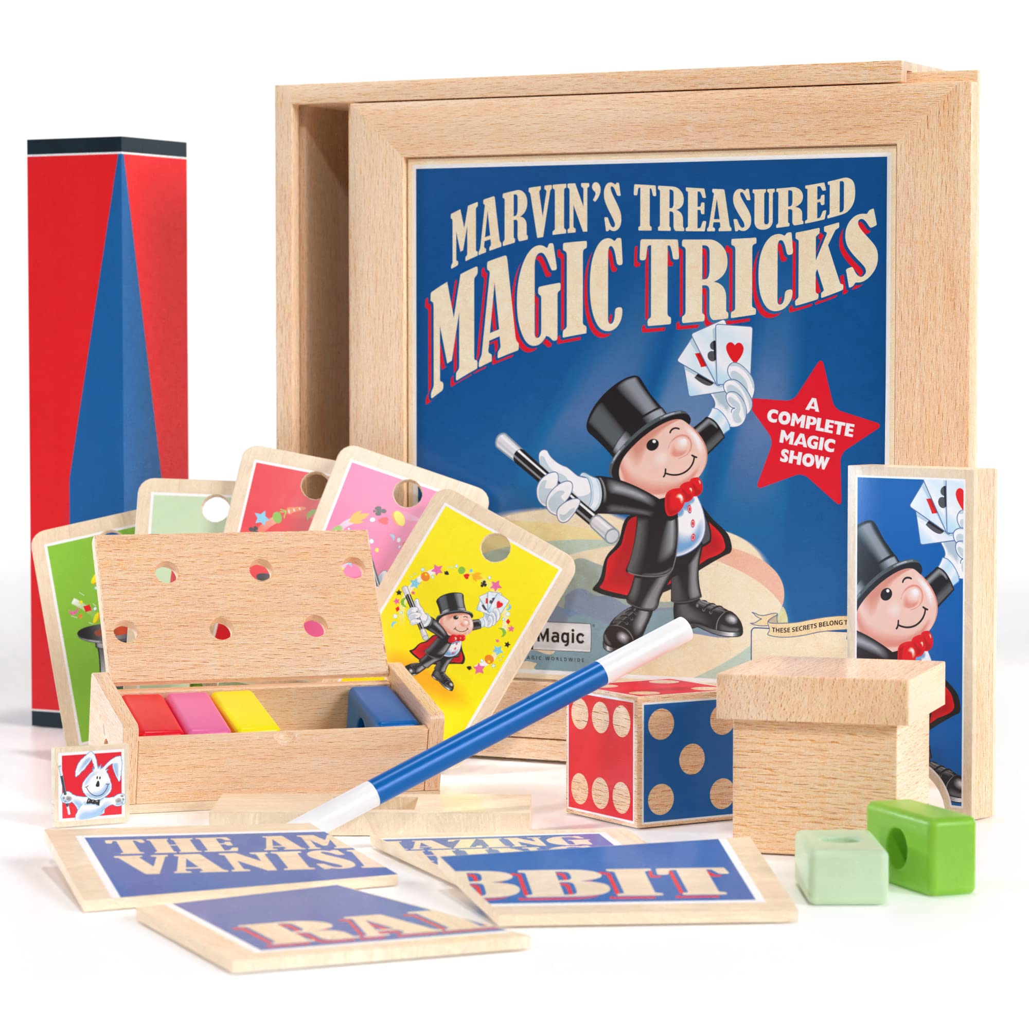 Marvin's Magic Treasured Tricks wooden box for easy storage and classic setup
