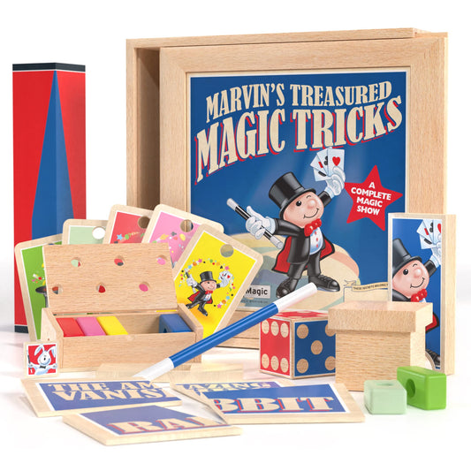 Marvin's Magic Treasured Tricks wooden box for easy storage and classic setup