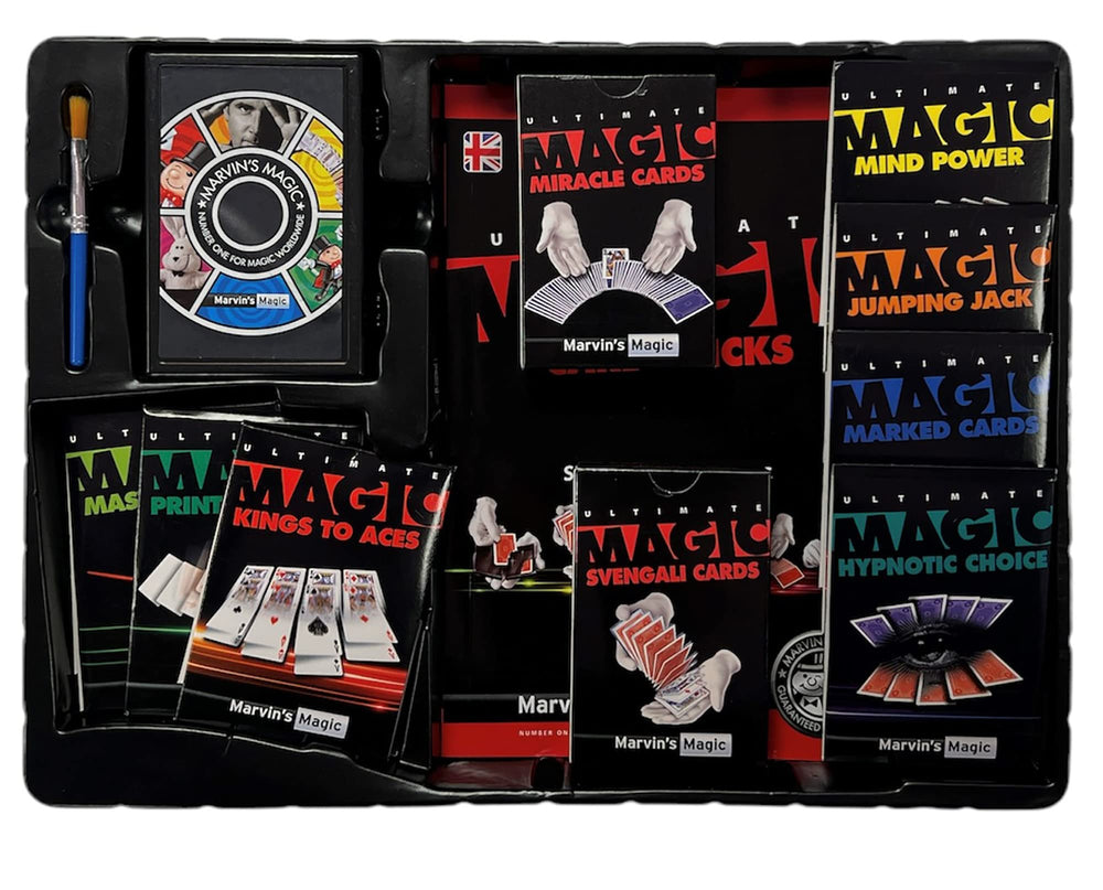 Marvin's Magic Ultimate 250 Card Tricks Set deck in hand enables instant trick setup.