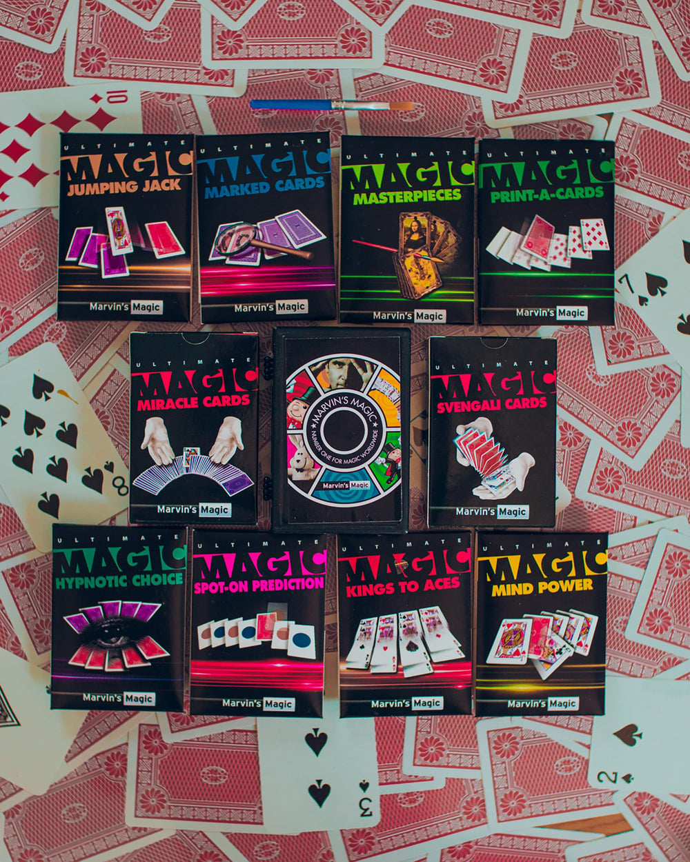 Marvin's Magic Ultimate 250 Card Tricks Set guide featuring illustrated steps for quick learning.