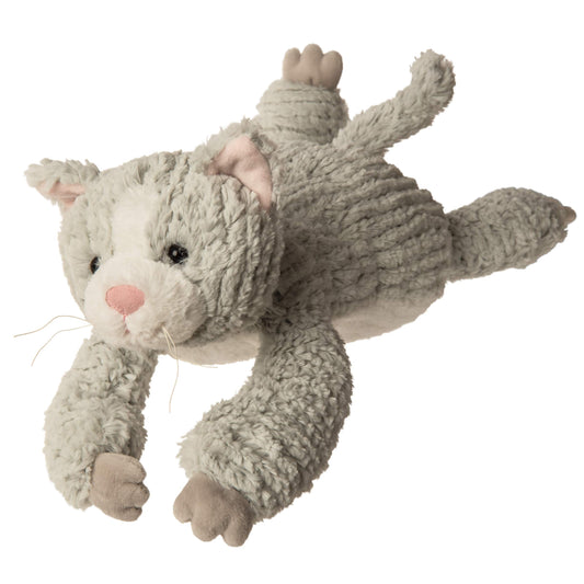 Mary Meyer Cozy Toes Cat 17-inch lying on belly, cuddly and portable for adventures.
