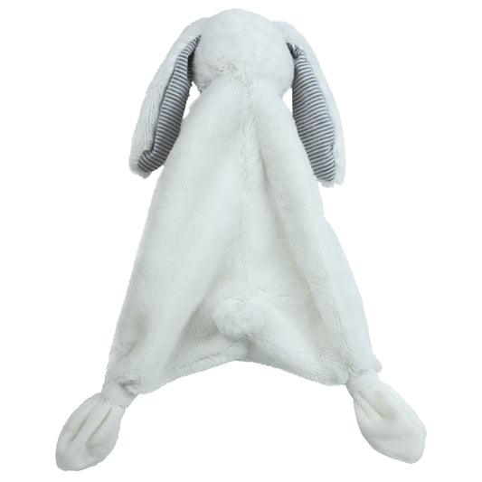 Mary Meyer Lovey Silky White Bunny head close-up showing embroidered eyes and soft fabric.