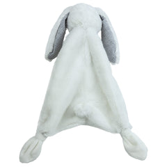 Mary Meyer Lovey Silky White Bunny head close-up showing embroidered eyes and soft fabric.