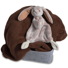 Long flopsy ears with striped lining add visual charm and soft texture.