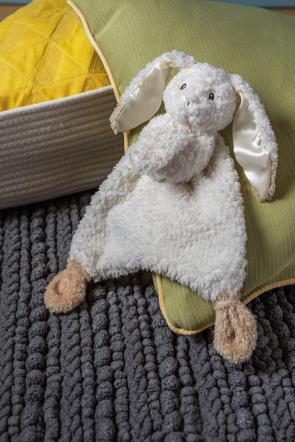 Attached blanket feature on Mary Meyer Lovey Oatmeal Bunny.