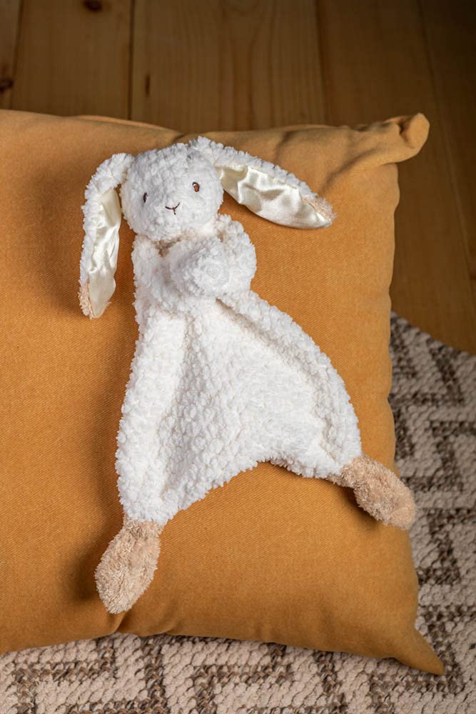 Mary Meyer Lovey Oatmeal Bunny head detail with embroidered eyes for soft play.