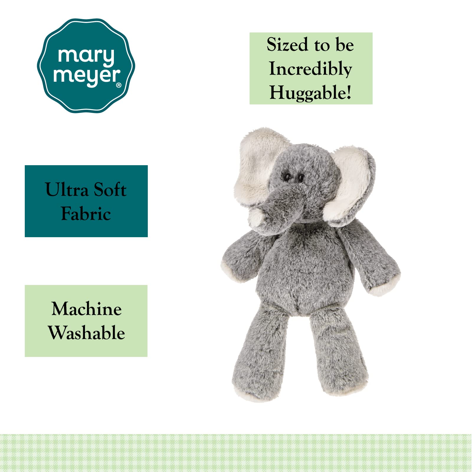 Mary Meyer Marshmallow Junior Elephant stands nine inches tall for portable snuggling.