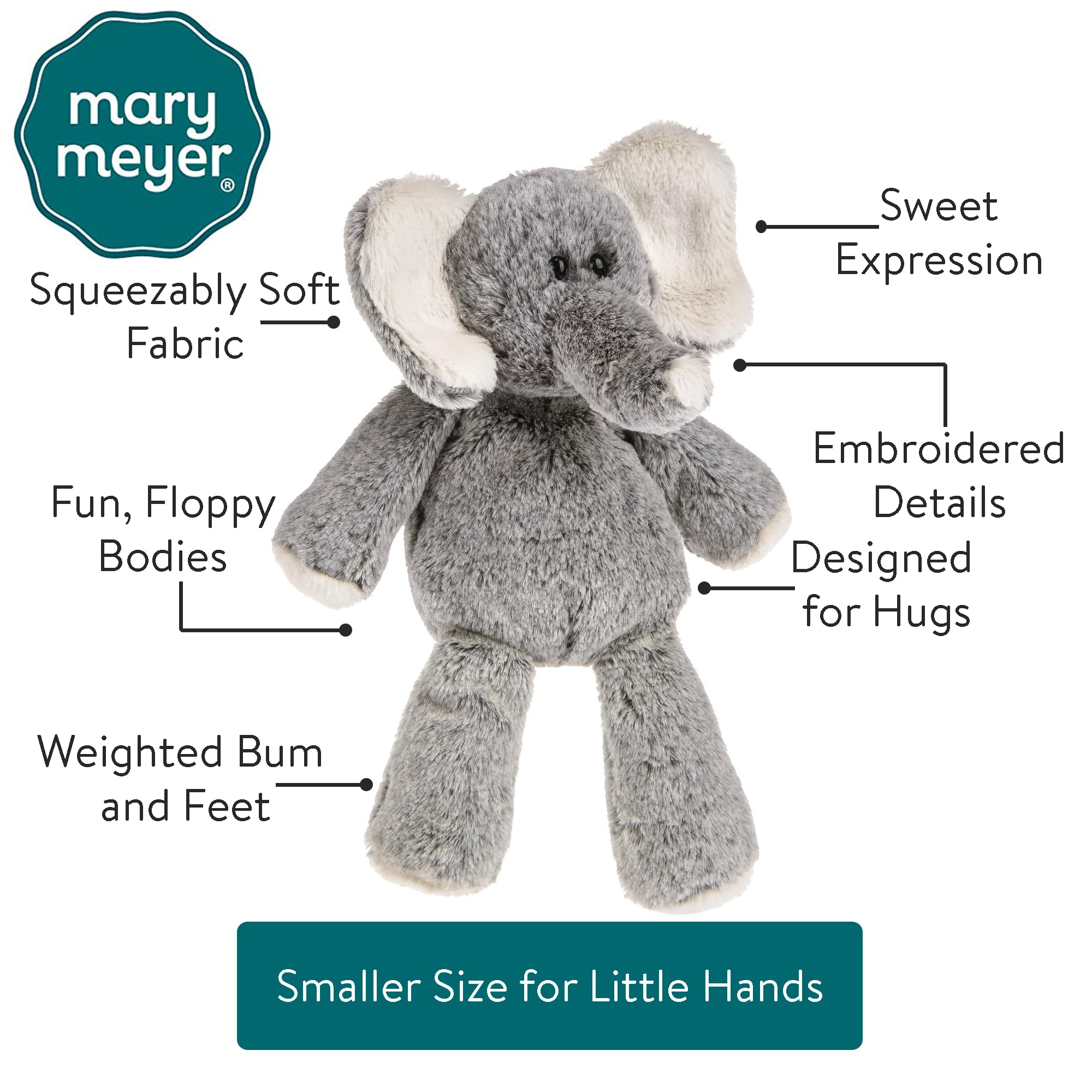 Mary Meyer Marshmallow Junior Elephant meets safety standards for reliable play.