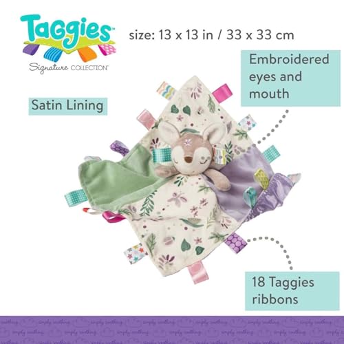 Mary Meyer Taggies Flora Fawn blanket-top in purple and sage tones.