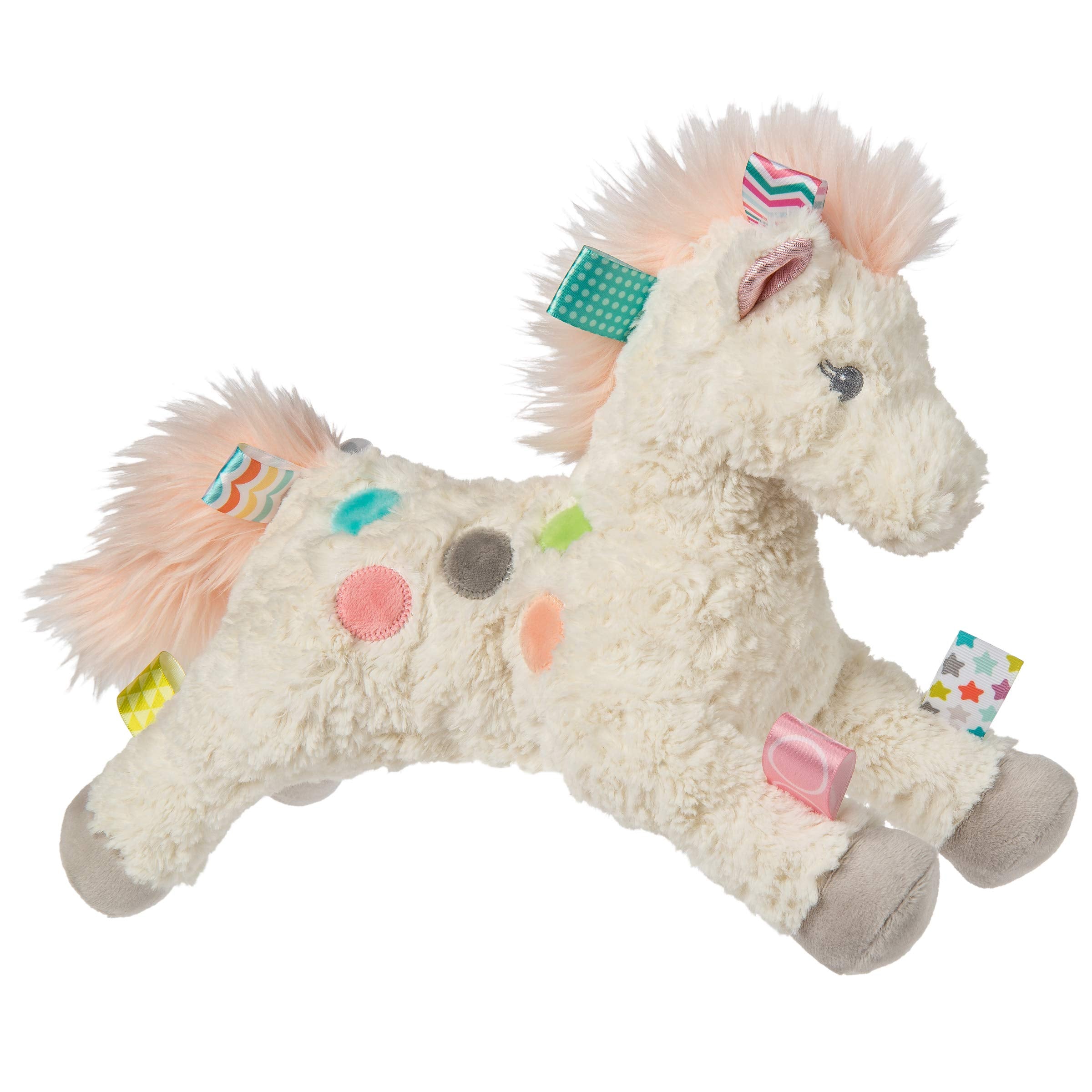 Mary Meyer Taggies Painted Pony on white fabric with pastel polka dots for sensory exploration