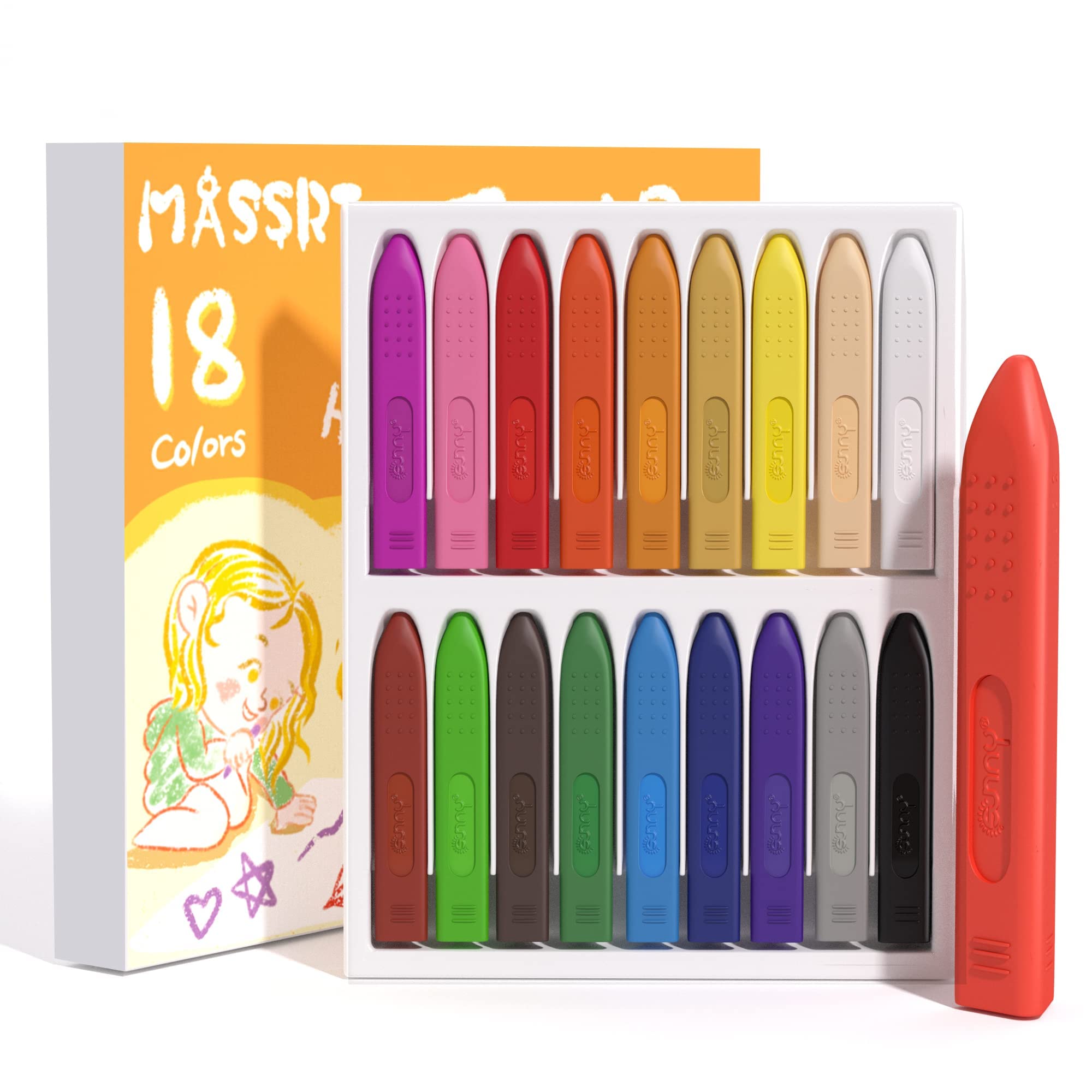 MASSRT triangle jumbo crayons in box, mess-free coloring for kids