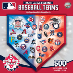 Masterpiece Records MLB home plate puzzle with 3D logos on a baseball diamond; engaging for fans and puzzlers.