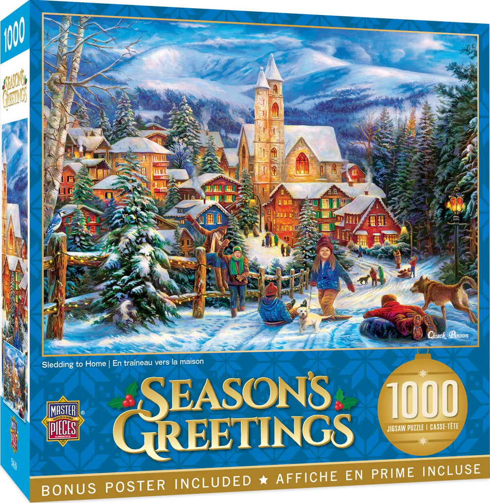 Masterpieces 1000-piece Christmas puzzle sledding to home scene for cozy family night.