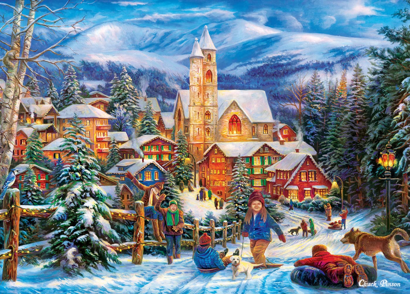 Masterpieces 1000-piece Christmas puzzle town holiday scene for festive family bonding.