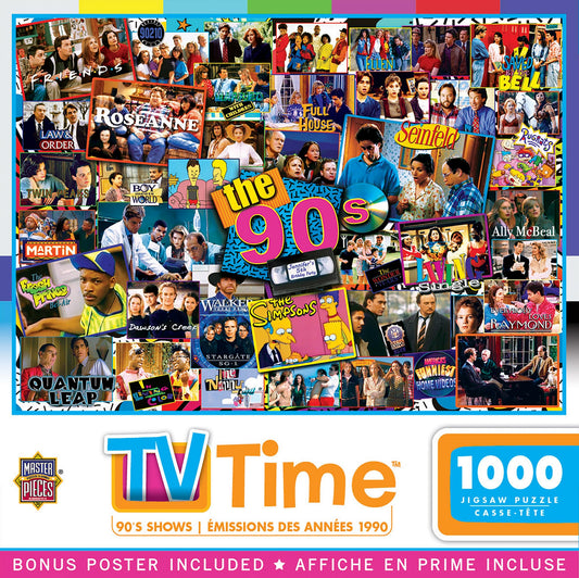MasterPieces 1000-piece puzzle collage of 90s shows for nostalgic family game night.