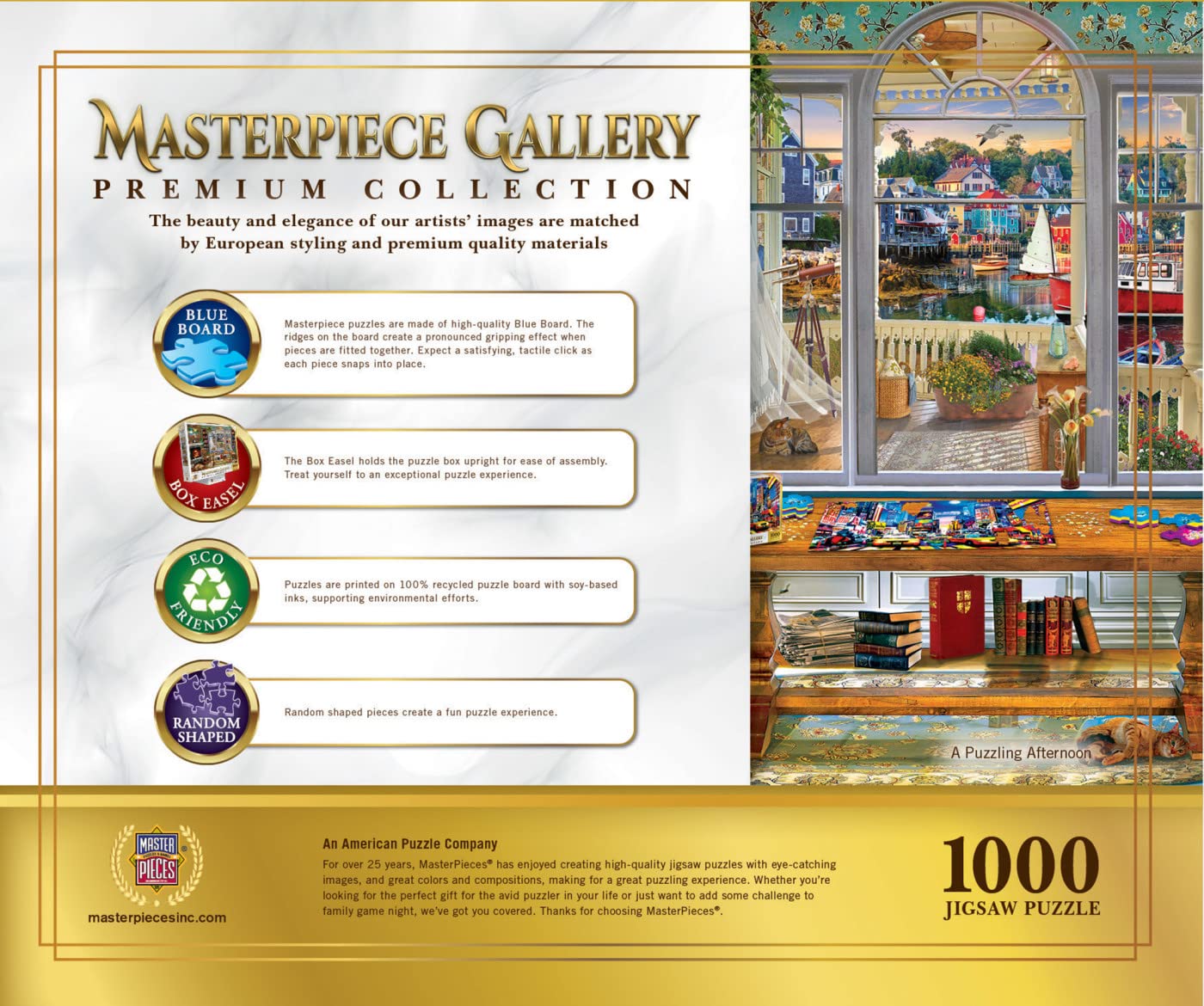 MasterPieces 1000-piece puzzle made with eco-friendly materials and soy inks.