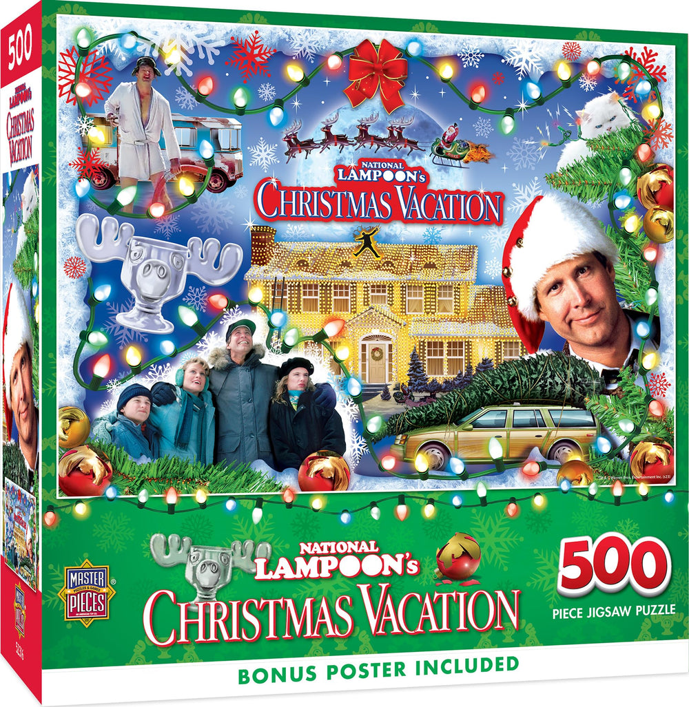 MasterPieces 500-piece puzzle box art showing a Christmas Vacation scene for cozy family evenings.
