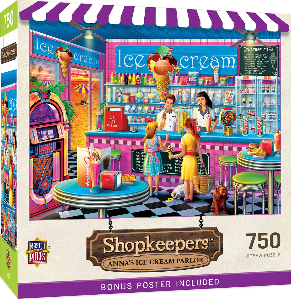 MasterPieces Anna's Ice Cream Parlor puzzle, nostalgic storefronts, perfect for family puzzle night.
