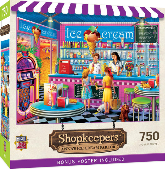 MasterPieces Anna's Ice Cream Parlor puzzle, nostalgic storefronts, perfect for family puzzle night.