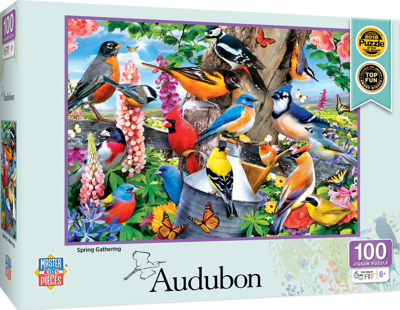 MasterPieces Audubon Spring Gathering puzzle cover with bright birds and flowers for kids