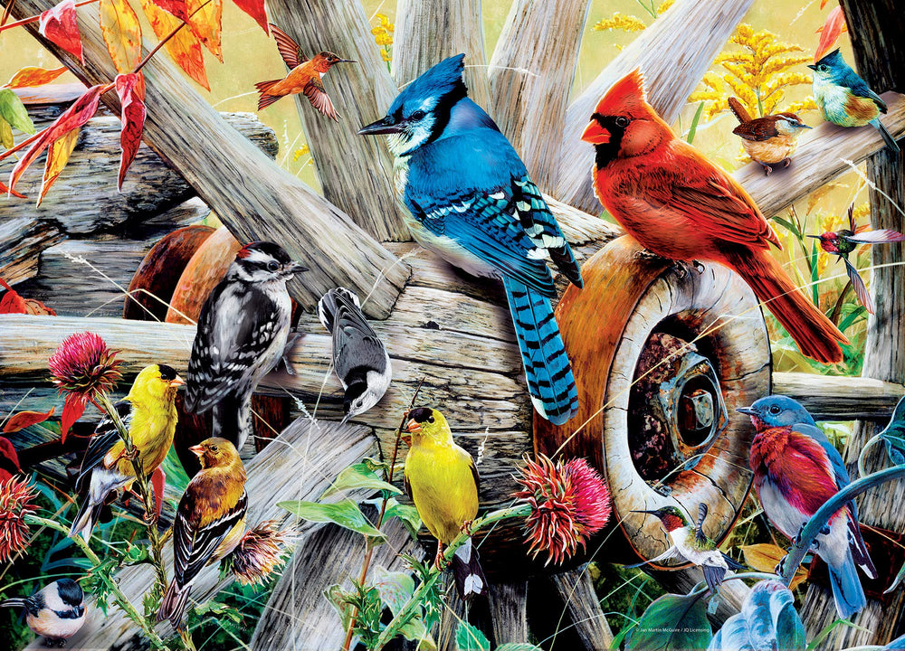 MasterPieces Backyard Birds puzzle scene with vibrant colors for mindful solving