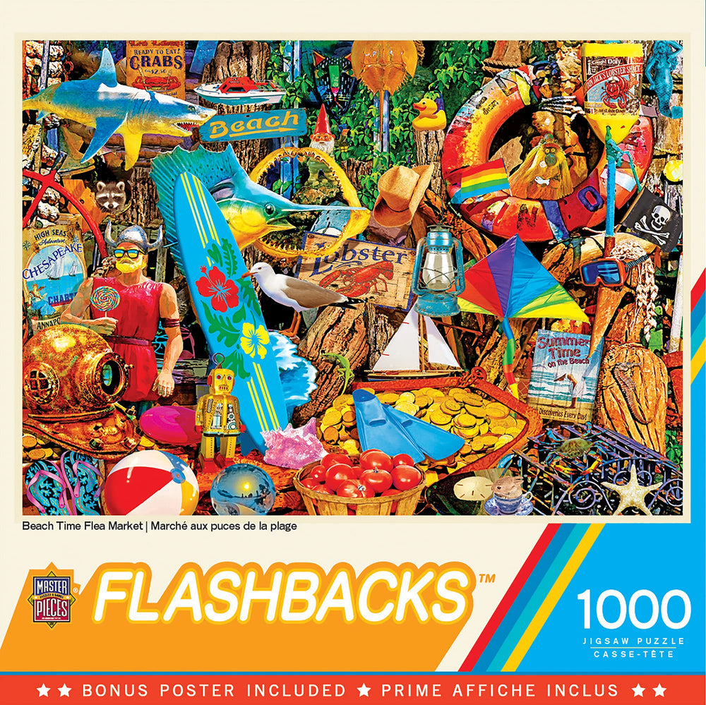 MasterPieces Beach Time Flea Market puzzle; sunny stalls for family puzzle night