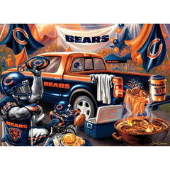 MasterPieces Chicago Bears puzzle packaging emphasizes licensing and ready-to-assemble excitement