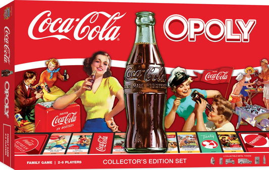 MasterPieces Coca-Cola Opoly board with vintage ads for family game night.