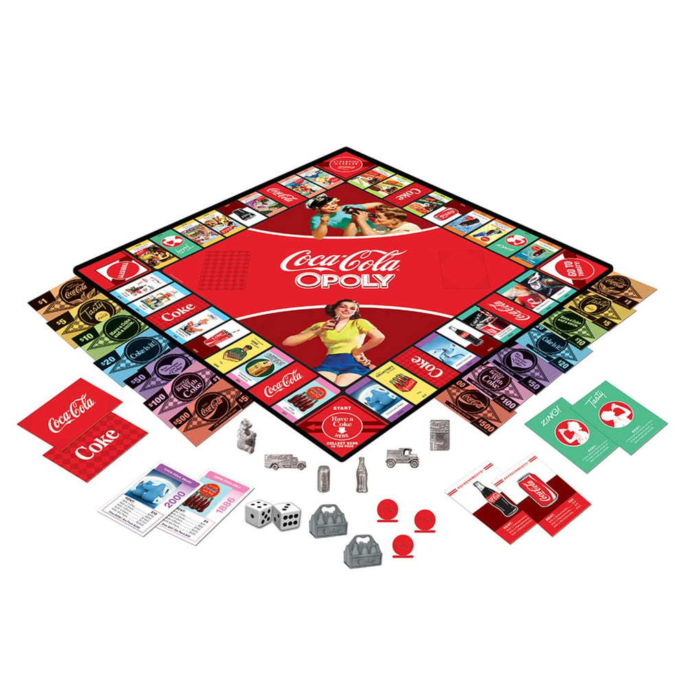 MasterPieces Coca-Cola Opoly metal tokens enhancing authentic tactile play.