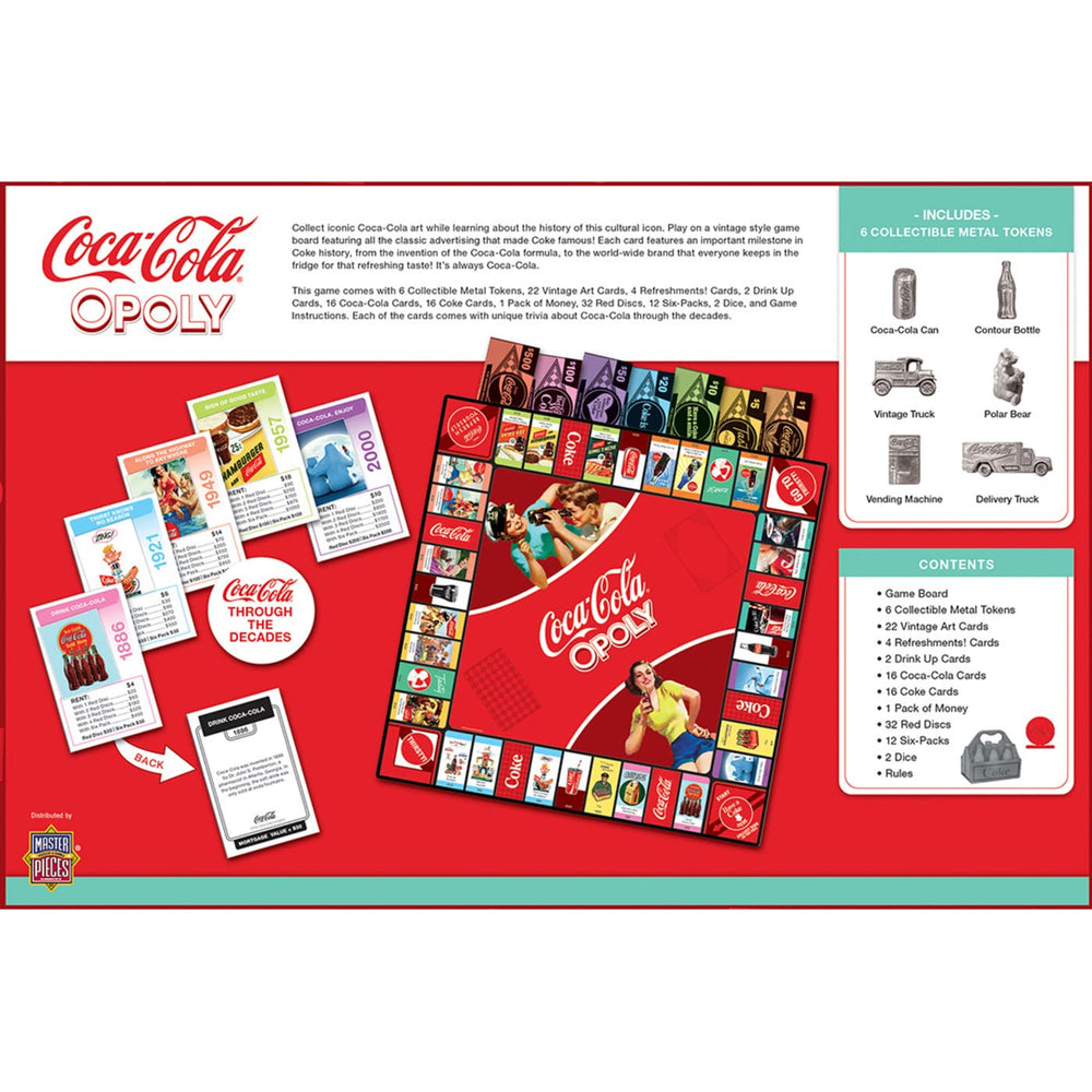MasterPieces Coca-Cola Opoly vintage art cards with back-of-card trivia.