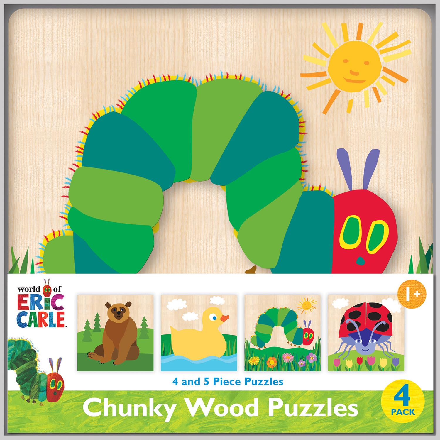MasterPieces Eric Carle chunky wood puzzle set featuring Caterpillar and Friends supports fine motor skills.
