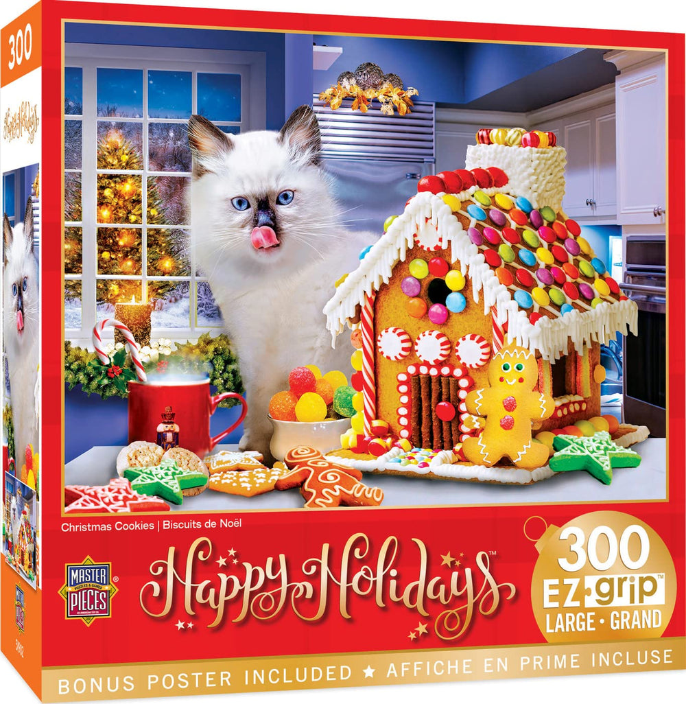 MasterPieces EZ Grip 300-piece Christmas Cookies puzzle cover for family fun.