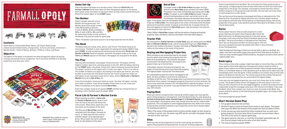 MasterPieces Farmall Opoly dice and instruction sheet for quick setup