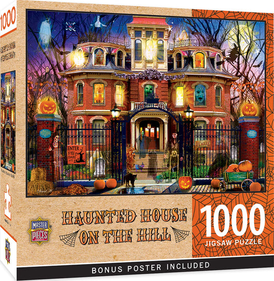 MasterPieces Haunted House on the Hill cover, bold graphics for family game night inspiration.