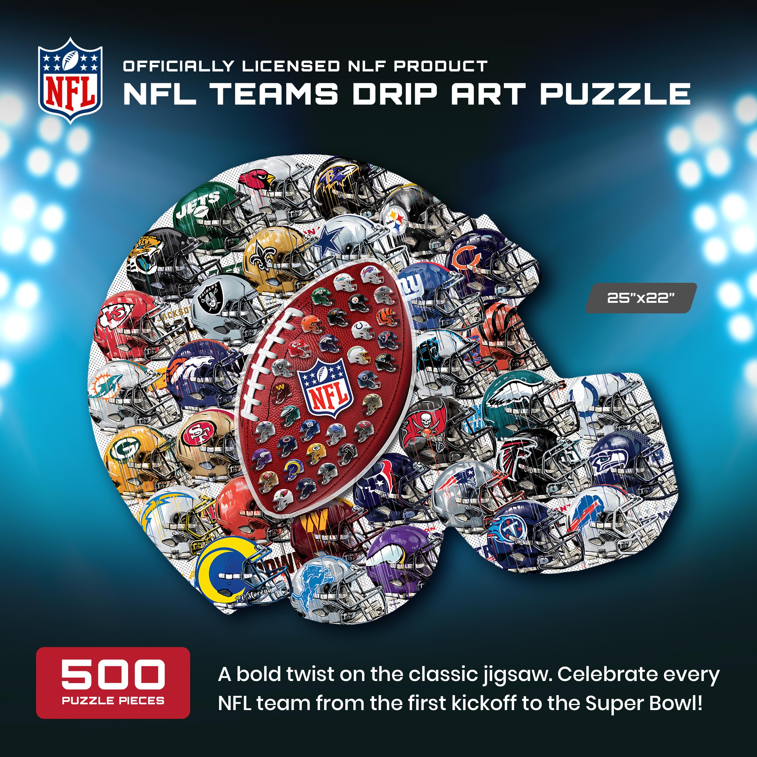 MasterPieces helmet-shaped puzzle measuring 25x22 inches for dramatic wall display.