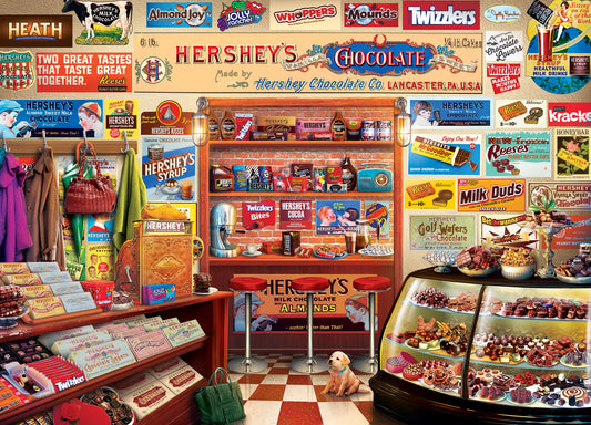 MasterPieces Hershey's Candy Shop pieces on table for an engaging puzzle session.