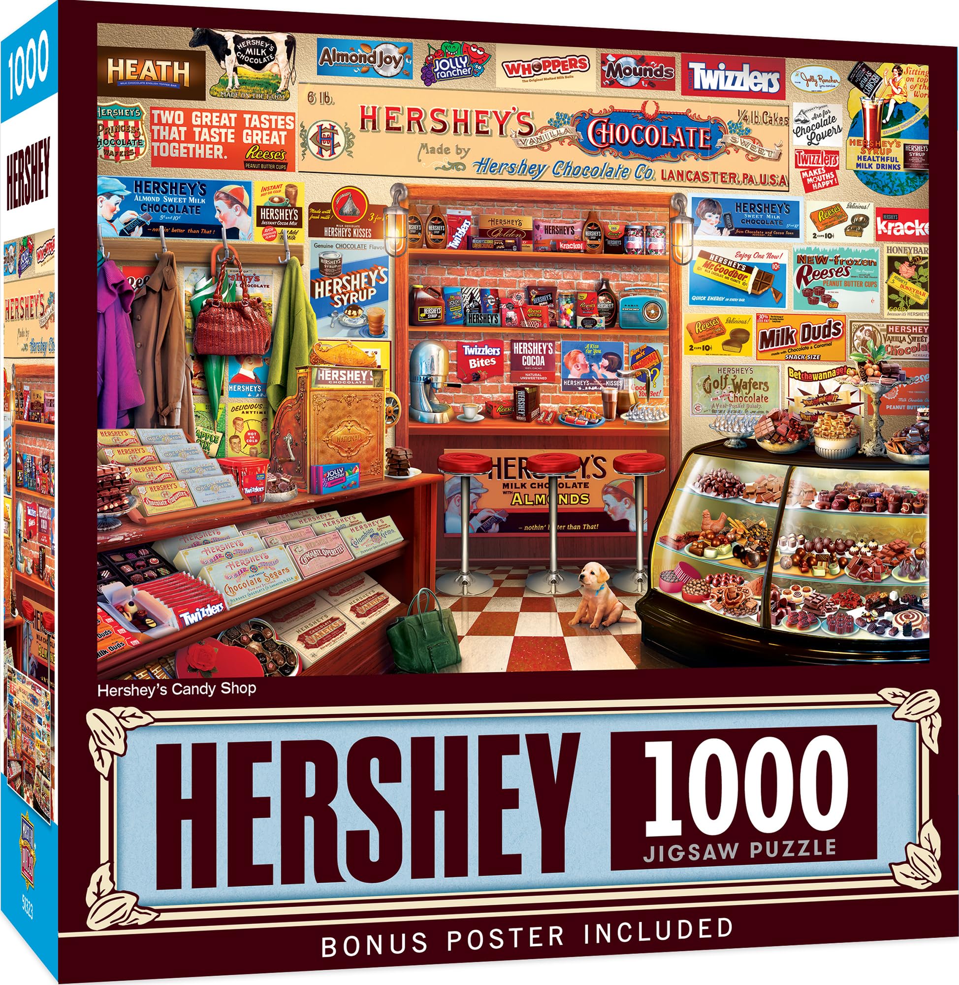 MasterPieces Hershey's Candy Shop puzzle cover showcases a colorful storefront for family evenings.