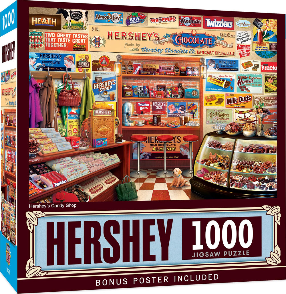 MasterPieces Hershey's Candy Shop puzzle cover showcases a colorful storefront for family evenings.