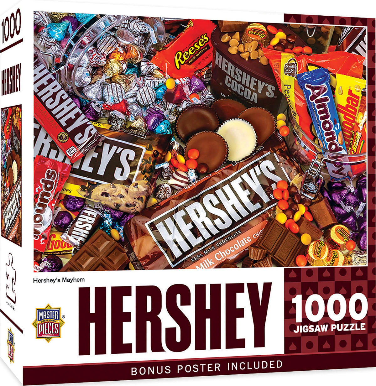 MasterPieces Hershey's Mayhem puzzle front cover with vibrant artwork for family fun.
