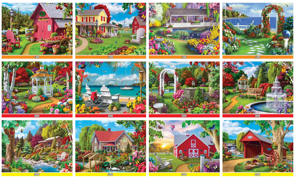 MasterPieces jigsaw puzzle 12-pack bundle: charming homes illustration for cozy family time.