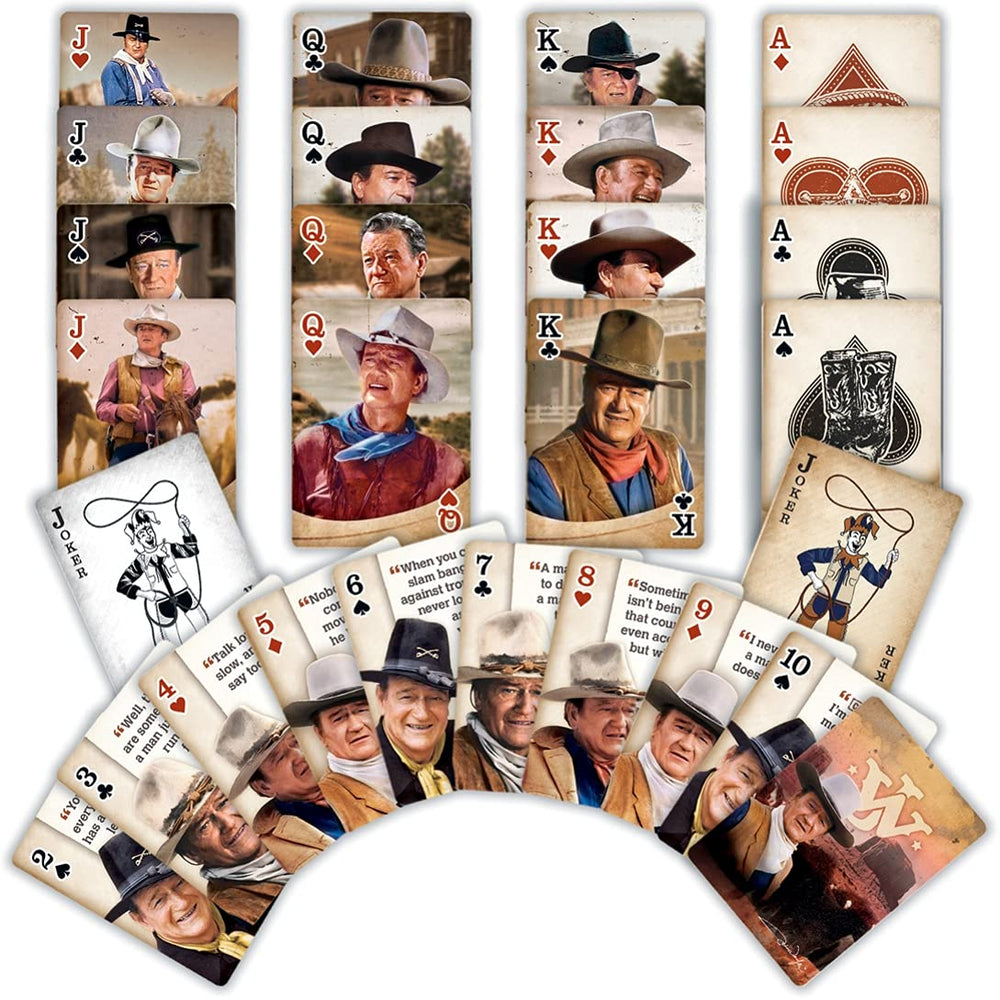 Packaging of MasterPieces John Wayne playing cards highlighting authenticity