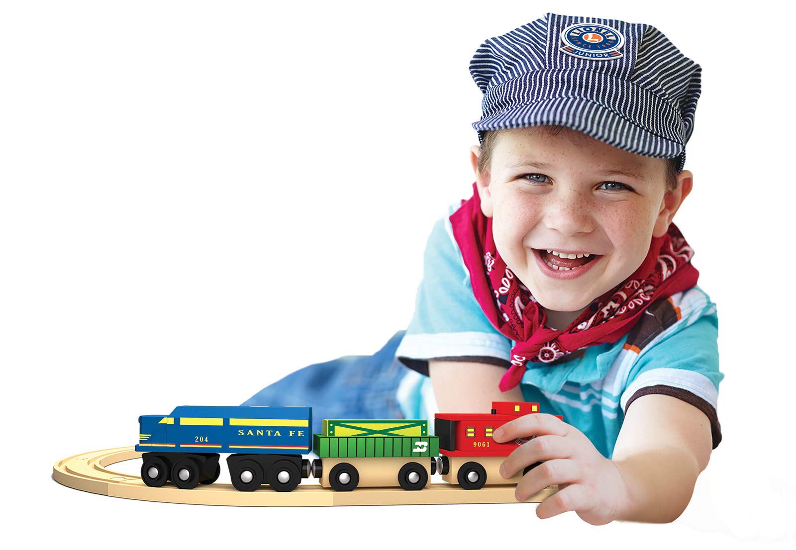 MasterPieces Lionel Santa Fe three-piece wood train set inviting imaginative play