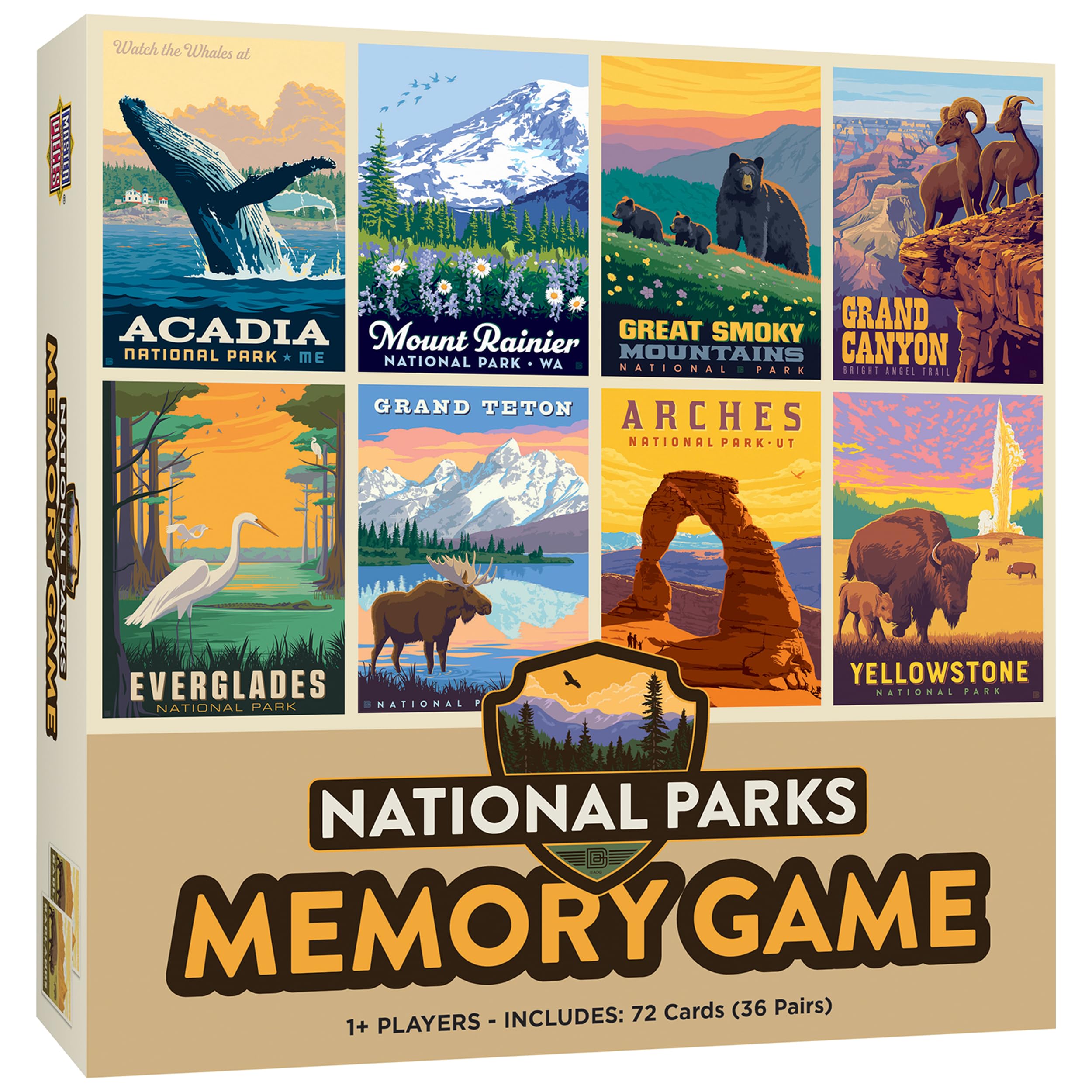 Masterpieces National Parks Memory Game cover art with vibrant park scenes for family fun