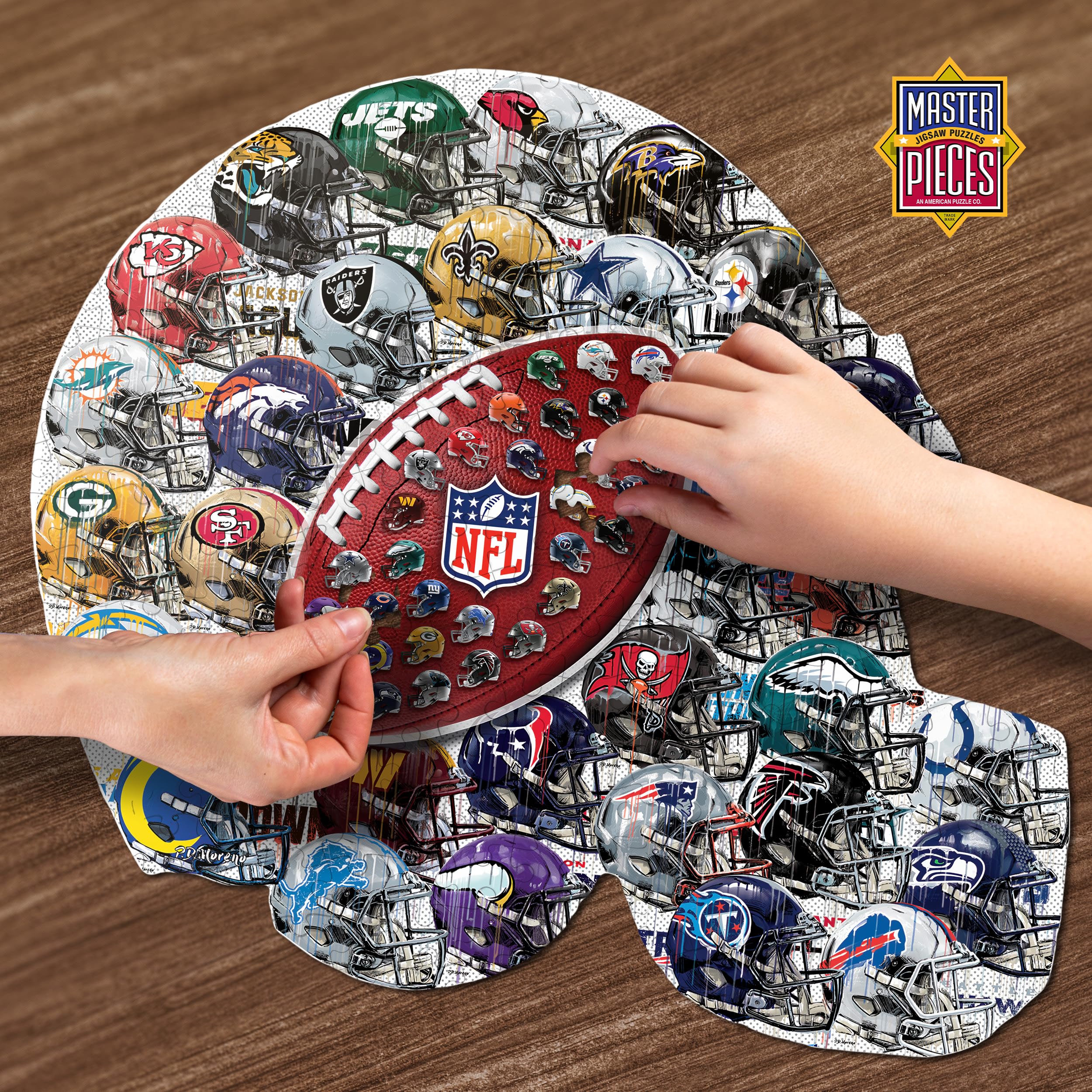 MasterPieces helmet puzzle assembled display showcasing all 32 NFL helmets for collectors.