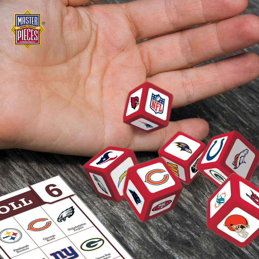 MasterPieces NFL Fanzy Dice challenge cards in focus for strategic play