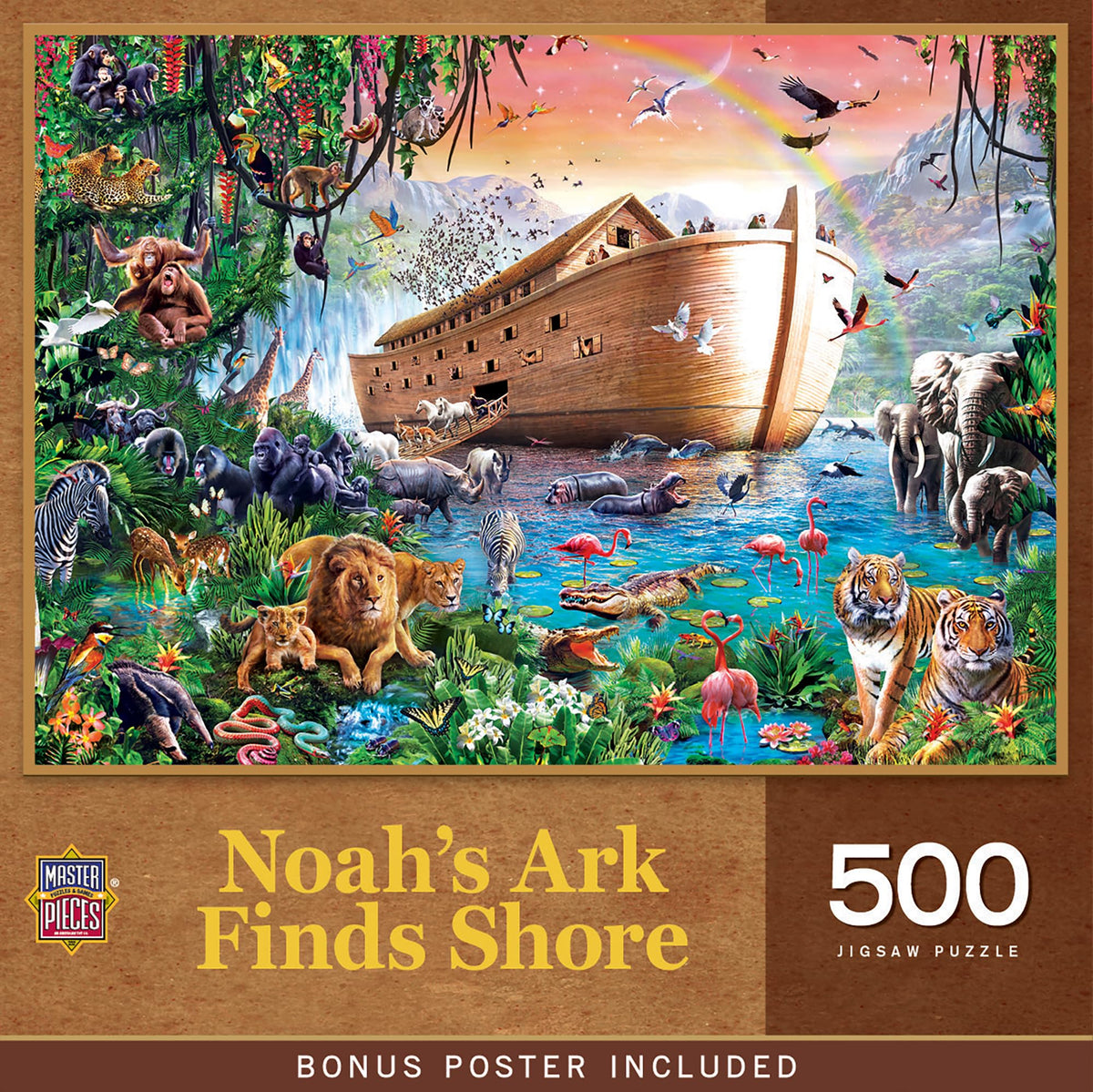 MasterPieces Noah's Ark puzzle box shows a 550-piece challenge for family fun.
