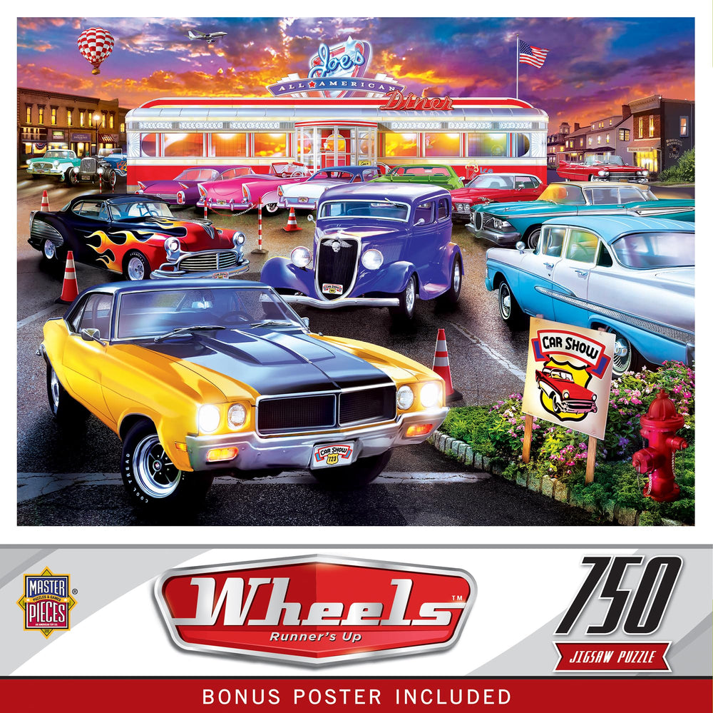 MasterPieces old diner car show puzzle featuring classic hot rods, ideal for family nights.